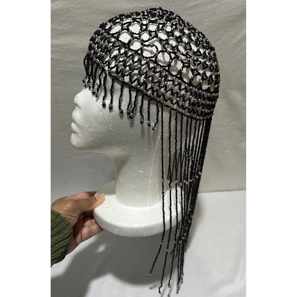 Black‎ Beaded Cleopatra Festival
Headpiece Mesh Fringe Hair Cap Boho Goth Gatsby